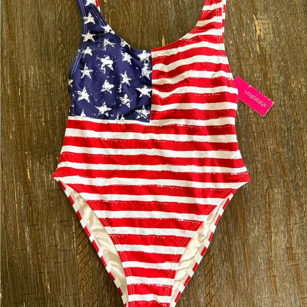 Xhilaration Women’s USA Women’s Red, White & Blue Flag One-Piece Swimsuit